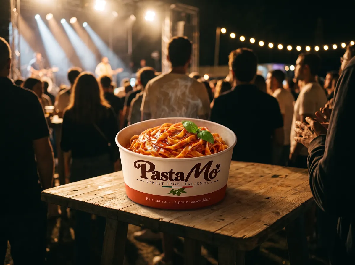 Stand de pâtes fraîches Pasta Mo' dans un festival de nuit