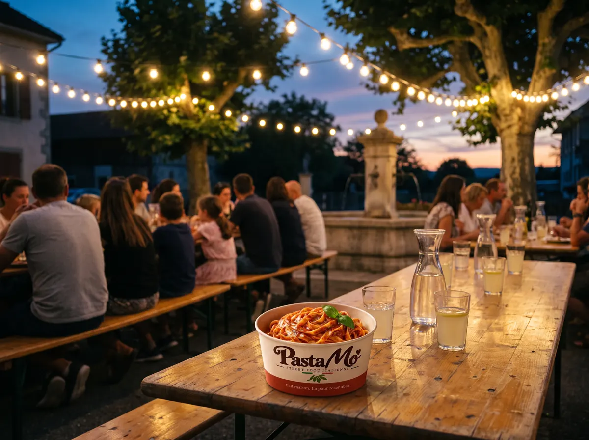 Stand Pasta Mo' sur un marché et une fête communale
