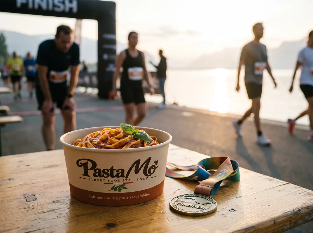 Pasta box servies à l'arrivée d'une course à pied